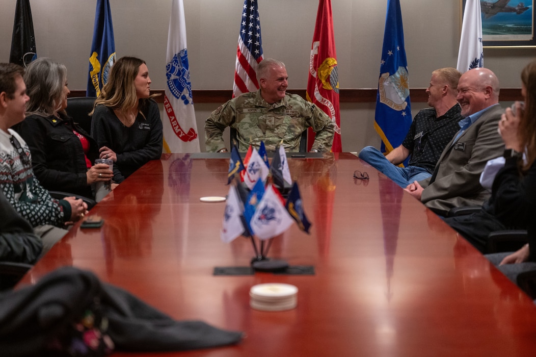U.S. Air Force Col. Matthew Norton, 17th Training Wing commander, meets with the honorary commanders during the wing mission brief at the Norma Brown Headquarters building, Goodfellow Air Force Base, Texas, Dec. 12, 2025. During the brief, discussions focused on mission priorities, partnerships and the importance of community engagement. (U.S. Air Force photo by Airman 1st Class James Salellas)