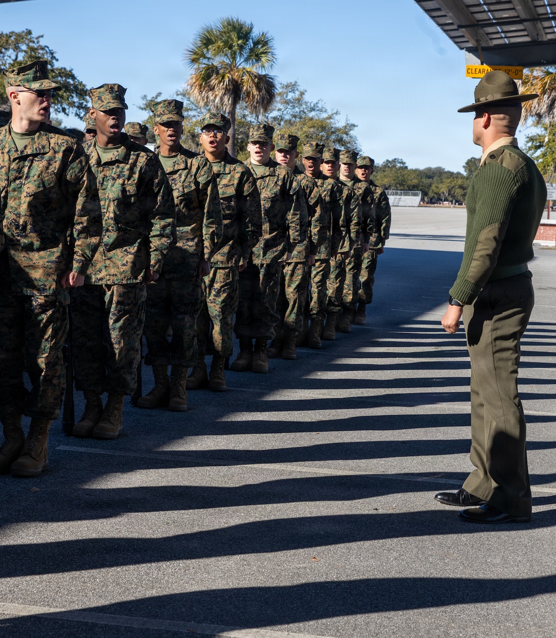 Ten people in camouflage military uniforms stand in line outdoors as a man in a formal military uniform observes them.