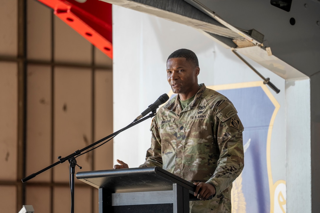 Lt. Col. Stephen Brooks, deputy commander of the U.S. Army Corps of Engineers Los Angeles District, delivers remarks during a groundbreaking ceremony Dec. 16 for a new KC-46 Pegasus hangar and training facility at March Air Reserve Base in Riverside County, California. The project is part of a multi-year effort to modernize infrastructure supporting the Air Force Reserve mission.