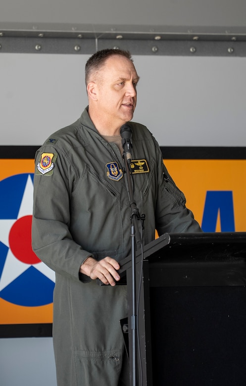 U.S. Air Force Col. Bryan Bailey, commander of the 452nd Air Mobility Wing, addresses attendees during a groundbreaking ceremony for a new KC-46 Pegasus hangar and training facility Dec. 16 at March Air Reserve Base in Riverside County, California.