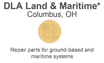 A circle icon with gear, wrench and anchor icon is surrounded by the DLA Land and Maritime title and description