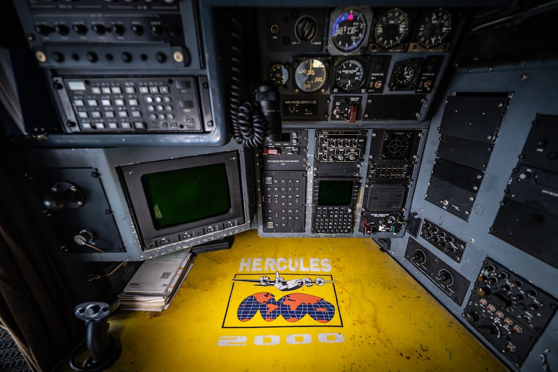The navigator’s station on the flight deck of a historic C-130 Hercules aircraft, nicknamed Man o’ War in honor of the famous thoroughbred racehorse, features a unique logo indicating the aircraft’s status as the 2000th Hercules ever to roll off the assembly line at Lockheed-Martin. The plane, which began its career in 1992 with the Kentucky Air National Guard’s 123rd Airlift Wing, is now being retired for static display at the unit’s base in Louisville — home of the Kentucky Derby. (U.S. Air National Guard photo by Dale Greer)