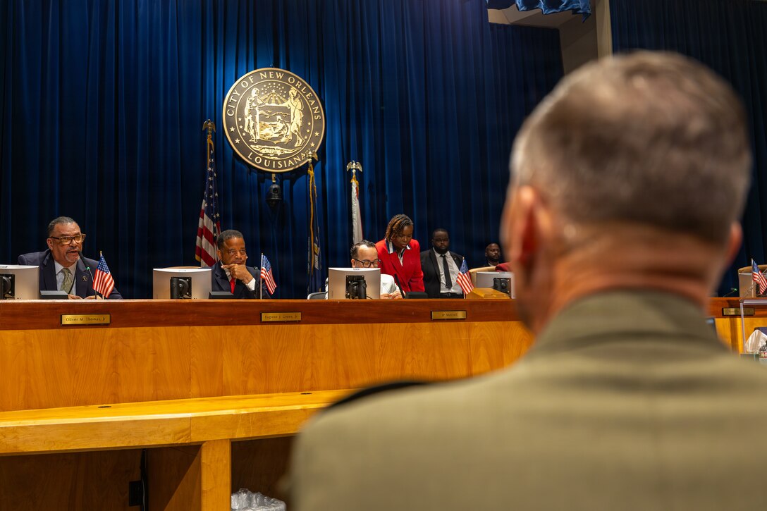 Oliver M. Thomas Jr., alongside other council members acknowledge and give thanks to U.S. military officials, including Lt. Gen. Leonard F. Anderson IV, commander of Marine Forces Reserve and Marine Forces South, during a military appreciation day at the New Orleans City Hall, New Orleans, Dec. 18, 2025. The event was held to honor the New Orleans City Council's relationship with U.S. military officials, highlighting key recognitions such as Veteran of the Year, as well as major accomplishments from each military branch across the city. (U.S. Marine Corps photo taken by Sgt. Aaron TorresLemus)