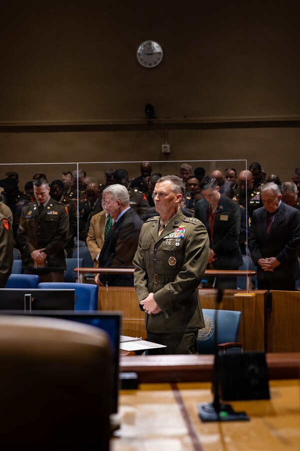 U.S. Marine Corps Lt. Gen. Leonard F. Anderson IV stands prior to the New Orleans City Council meeting at New Orleans City Hall, New Orleans, Dec. 18, 2025. The event was held to honor the New Orleans City Council’s relationship with U.S. military officials, highlighting key recognitions such as Veteran of the Year, major accomplishments from each military branch across the city and the council’s appreciation for the service of U.S. military members. (U.S. Marine Corps photo by Lance Cpl. Claire Cheney)