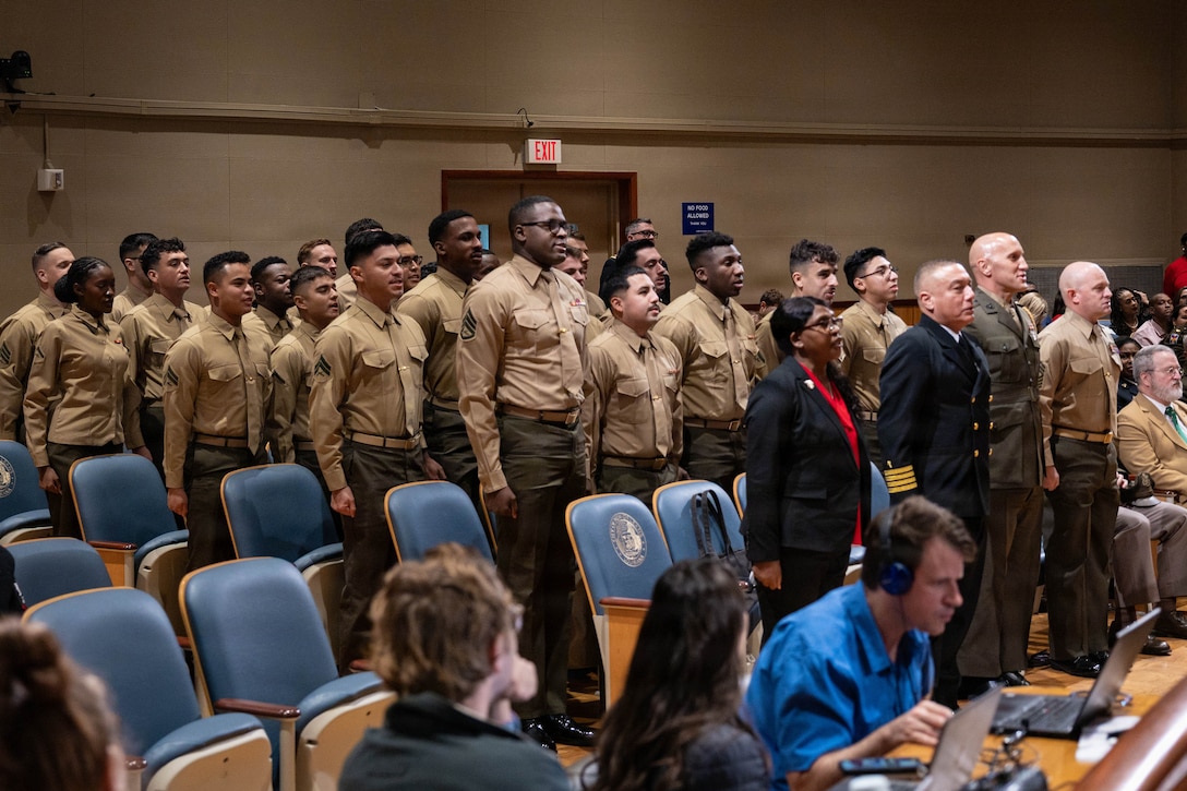 Marines with Marine Forces Reserve and Marine Forces South sing the Marine’s Hymn during a military appreciation day at New Orleans City Hall, New Orleans, Dec. 18, 2025. The event was held to honor the New Orleans City Council’s relationship with U.S. military officials, highlighting key recognitions such as Veteran of the Year, major accomplishments from each military branch across the city and the council’s appreciation for the service of U.S. military members. (U.S. Marine Corps photo by Lance Cpl. Claire Cheney)