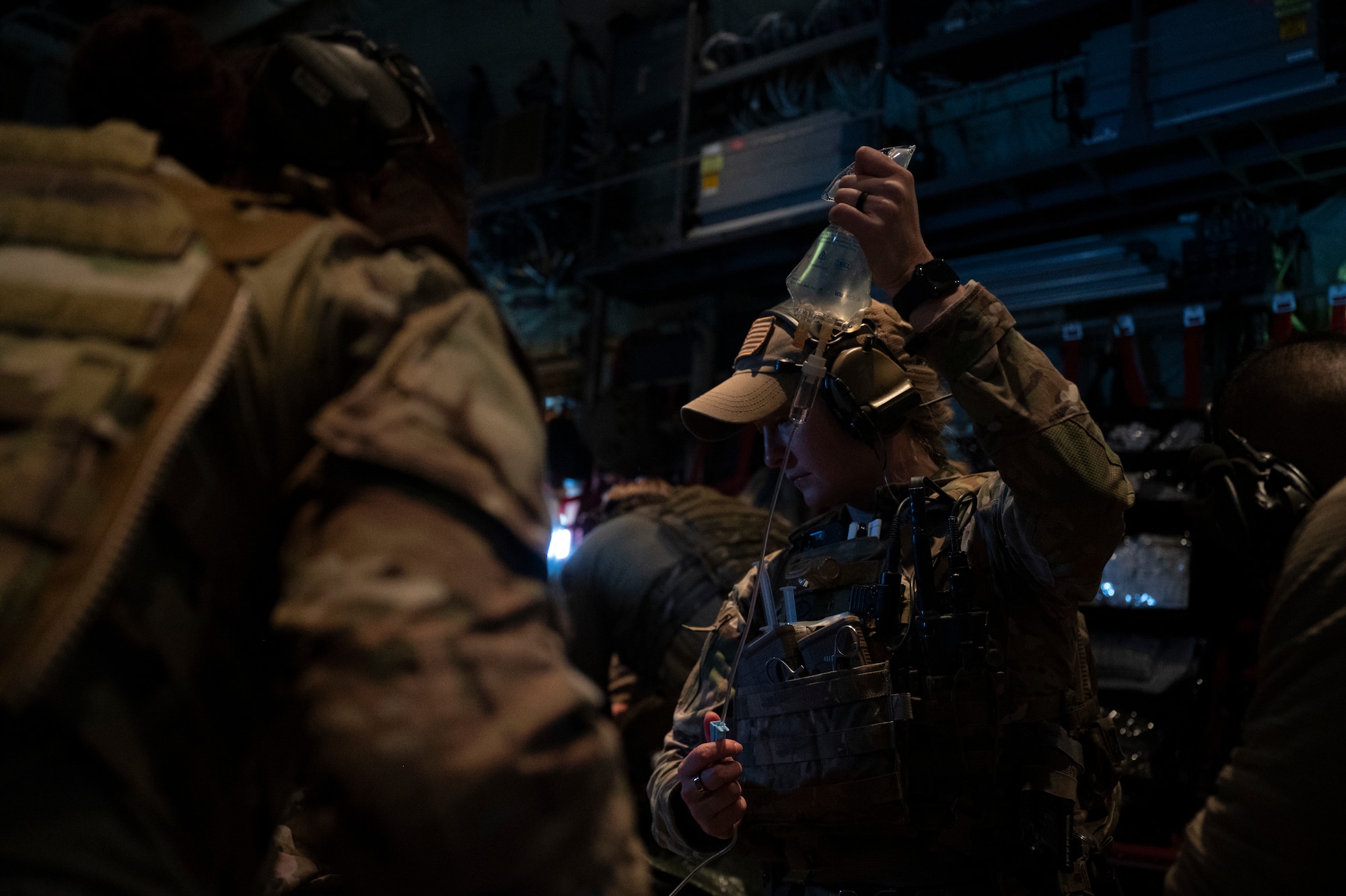 Air Commandos assigned to the 1st Special Operations Wing participate in casualty evacuation training aboard an MC-130J Commando II over Hurlburt Field, Florida, Nov. 4, 2025.