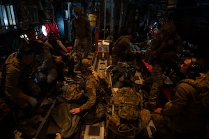 Air Commandos assigned to the 1st Special Operations Wing participate in casualty evacuation training aboard an MC-130J Commando II over Hurlburt Field, Florida, Nov. 4, 2025.