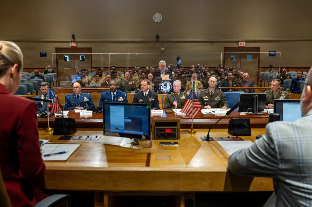 U.S. military officials throughout the city of New Orleans sit before the New Orleans City Council during a military appreciation day at the New Orleans City Hall, New Orleans, Dec. 18, 2025. The event was held to honor the New Orleans City Council's relationship with U.S. military officials, highlighting key recognitions such as Veteran of the Year, major accomplishments from each military branch across the city and the council’s appreciation for the service of U.S. military members. (U.S. Marine Corps photo taken by Sgt. Aaron TorresLemus)