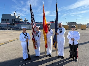 250910-N-FT324-7797. ROTA, Spain (September 10, 2025) — Sailors from Navy Medicine Readiness and Training Command (NMRTC) Rota, Naval Station Rota, and the Spanish Navy serve as members of the Color Guard during a ceremony on base. The joint Color Guard highlights the enduring partnership between U.S. and Spanish forces while honoring Navy tradition, professionalism, and a 250-year legacy of service. (U.S. Navy Photo Released by Lt. Cmdr. Alicia Sacks)