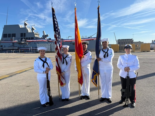 250910-N-FT324-7797. ROTA, Spain (September 10, 2025) — Sailors from Navy Medicine Readiness and Training Command (NMRTC) Rota, Naval Station Rota, and the Spanish Navy serve as members of the Color Guard during a ceremony on base. The joint Color Guard highlights the enduring partnership between U.S. and Spanish forces while honoring Navy tradition, professionalism, and a 250-year legacy of service. (U.S. Navy Photo Released by Lt. Cmdr. Alicia Sacks)
