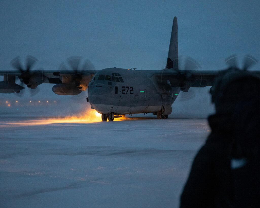 U.S. Marines and U.S. Airmen arrive in Anchorage, Alaska after completing their Toys for Tots mission, Dec. 16, 2025. The Marines, assigned to Detachment Delta Company, 4th Law Enforcement Battalion, Force Headquarters Group, and the Airmen, assigned to the 673rd Security Forces Squadron, are participating in Operation Polar Knight in support of the Toys for Tots mission reaching remote Alaskan communities. (U.S. Marine Corps photo by Cpl. Orion Stpierre)