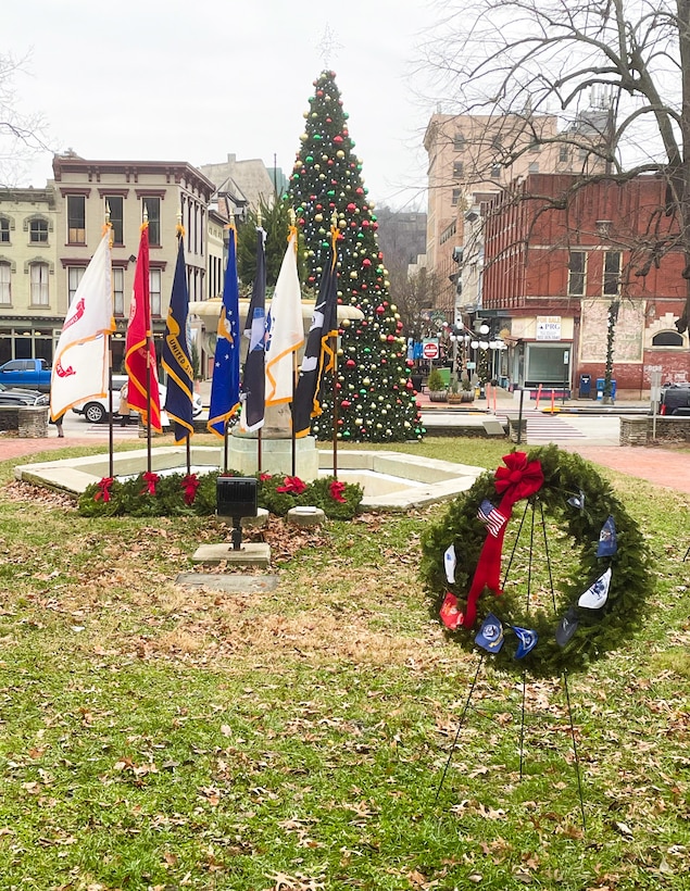 Eight wreaths are placed outside Kentucky's Old State Capitol in observance of Wreaths Across America in Frankfort, Dec. 11, 2025.