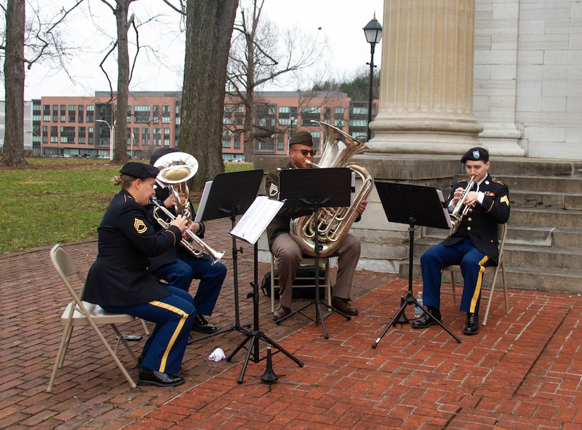 Soldiers of the 202nd Army Band provide music during a wreath laying ceremony at Kentucky's Old State Capitol, Dec. 11, 2025.