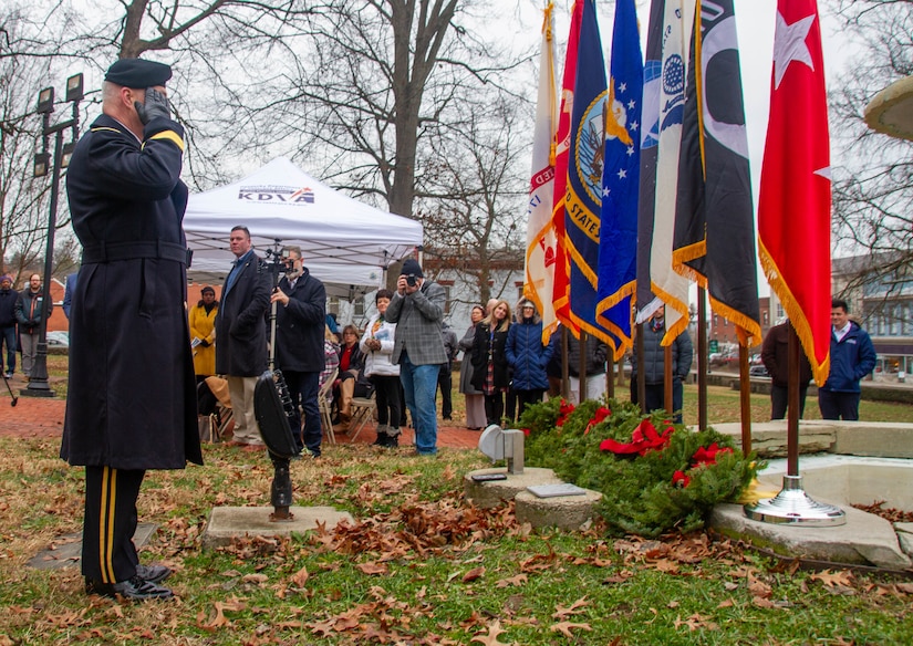 U.S. Army Maj. Gen. Haldane Lamberton, Kentucky's adjutant general, renders honors after placing a wreath for Prisoners-of-War and those Missing-in-Action during a ceremony at Kentucky's Old State Capitol in Frankfort, Dec. 11, 2025.