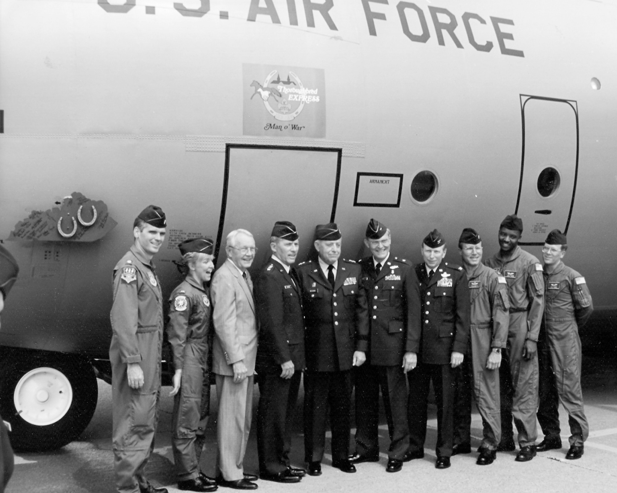 Man o’ War, a C-130 Hercules aircraft, first arrives at the Kentucky Air National Guard Base in Louisville, Ky., May 16, 1992, piloted by an aircrew from Kentucky’s 123rd Airlift Wing. Present for the arrival were, left to right, U.S. Air Force Lt. Col. David Moreman, pilot; U.S. Air Force 1st Lt. Kathleen Luken, co-pilot; U.S. Sen. Wendell Ford; U.S. Air Force Lt. Gen. John Conaway, chief of the National Guard Bureau; U.S. Army Maj. Gen. Robert DeZarn, adjutant general of the Kentucky National Guard; U.S. Air Force Brig. Gen. John Kuhn, assistant adjutant general for Air; U.S. Air Force Col. Stewart Byrne, commander of the 123rd Airlift Wing; U.S. Air Force Maj. Paul Rhodes, navigator; U.S. Air Force Staff Sgt. Joe Dawson, flight engineer; and U.S. Air Force Tech. Sgt. Jeff Bishop, loadmaster. (U.S. Air National Guard file photo)