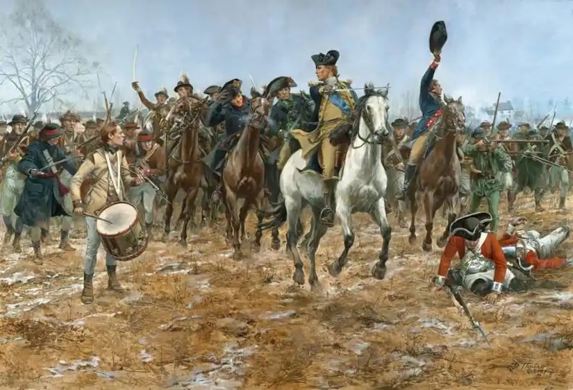 This painting, titled "Washington at the Battle of Princeton," by Don Troiani, depicts Gen. George Washington leading a counterattack during the Battle of Princeton in New Jersey.on Dec. 3, 1777. The Philadelphia Associators and First Troop Philadelphia City Cavalry joined Washington during the counterattack.
