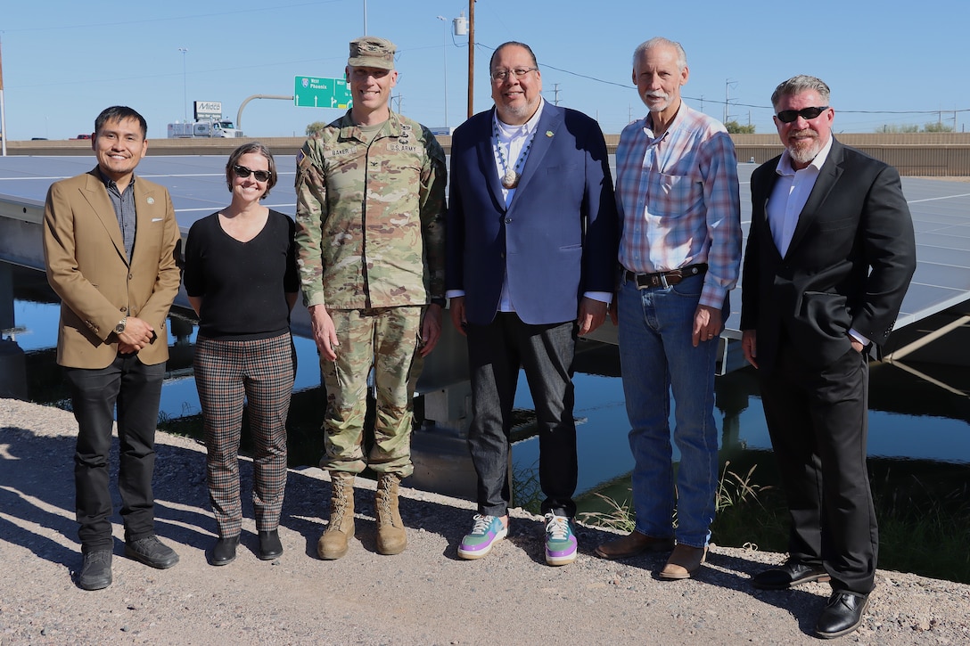 The Gila River Indian Community and the U.S. Army Corps of Engineers Los Angeles District celebrate the completion of the district’s first solar-over-canal project during a ceremony Dec. 11 at the Gila River Indian Reservation in Arizona.