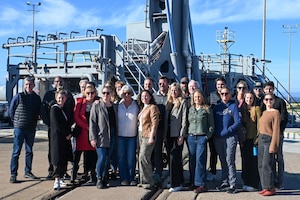 Members of the San Luis Obispo Chamber of Commerce stand together for a group photo inside Space Launch Complex 2.
