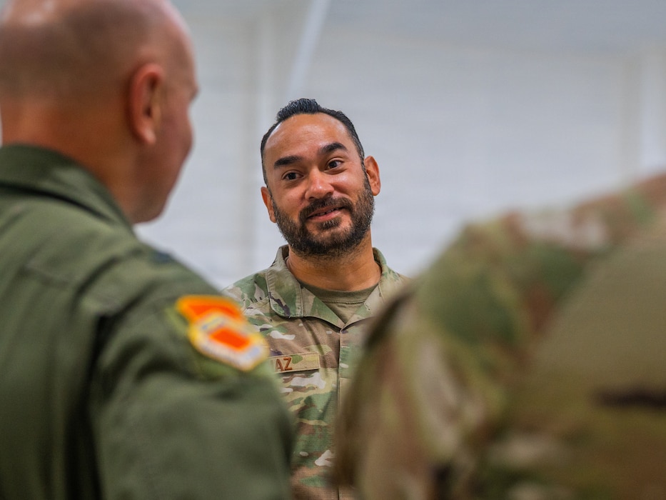 U.S. Air Force Master Sgt. Enrique Diaz, 56th Security Forces Squadron weapons and tactics, speaks on the benefits of training with virtual range simulators during a demonstration, Dec. 15, 2025, at Luke Air Force Base, Arizona.