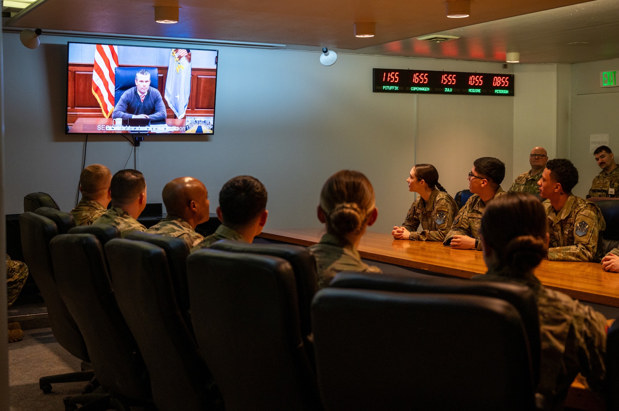 Secretary of War Pete Hegseth speaks via video call with Airmen and Guardians at Pituffik Space Base, Greenland, Dec. 19, 2025, delivering a holiday greeting and recognizing their service at the Department of War’s northernmost installation.