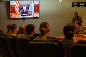 Secretary of War Pete Hegseth speaks via video call with Airmen and Guardians at Pituffik Space Base, Greenland, Dec. 19, 2025, delivering a holiday greeting and recognizing their service at the Department of War’s northernmost installation.