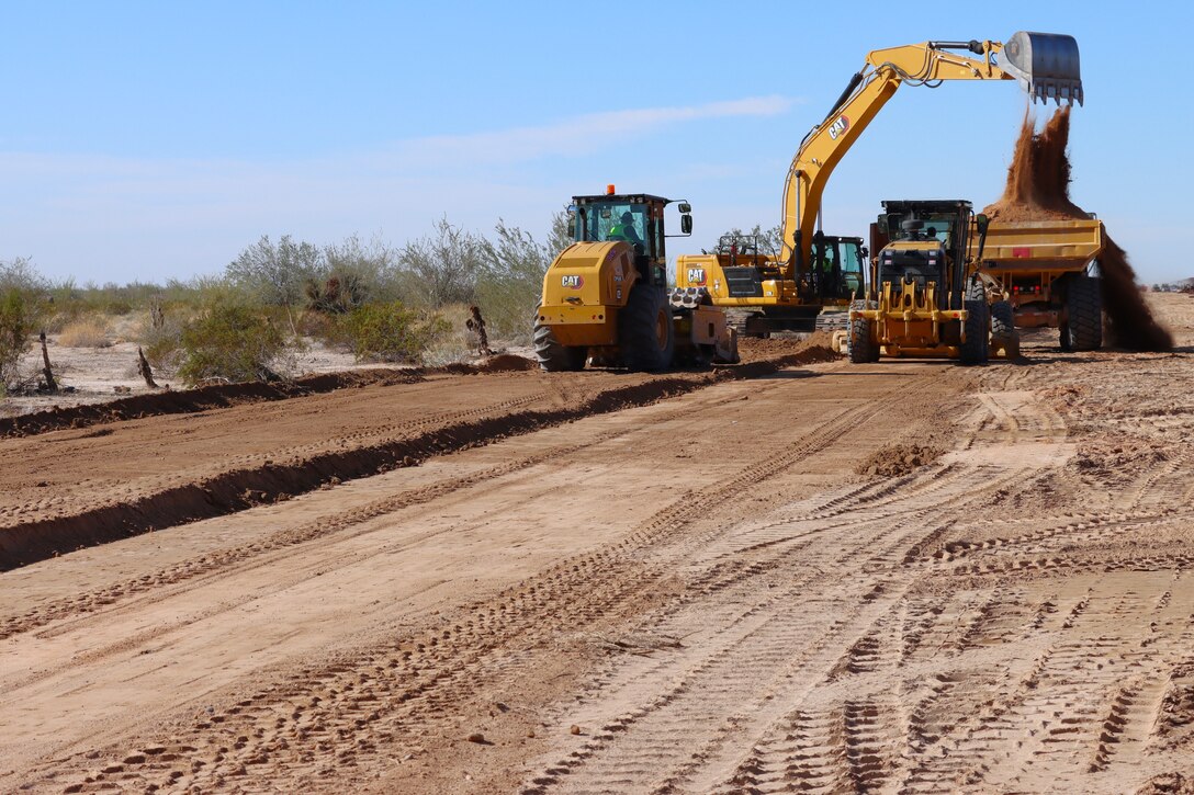 The U.S. Army Corps of Engineers contractors continue ground stabilization for the East end of the BMGR-1 project site near Yuma, Arizona, Dec. 3. USACE is replacing permanent border barriers along the southern border of the U.S. at the direction of the U.S. Army by the Secretary of War, in response to the presidential national emergency declaration dated Jan. 20, 2025, authorizing the use of Section 2803 of Title 10, U.S. Code.