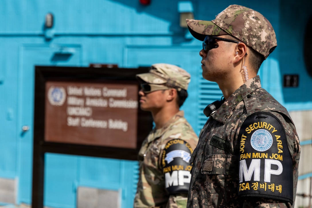 U.S. and Republic of Korea Army soldiers stand guard near the border of North and South Korea during a Swedish Delegation visit to the Joint Security Area, Oct. 15, 2025.