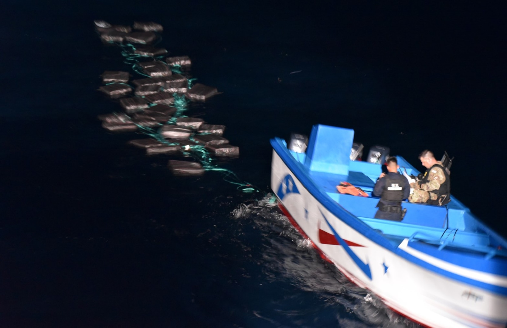 USCGC Active’s (WMEC 618) boarding team conducts post interdiction operations aboard a suspected drug smuggling vessel while patrolling the Eastern Pacific Ocean, Nov. 25, 2025. The interdictions done by Active and its crew are in support of Operation Pacific Viper, a surge in forces to the Eastern Pacific to stop transnational criminal organizations and narco-terrorists. (U.S. Coast Guard courtesy photo.)