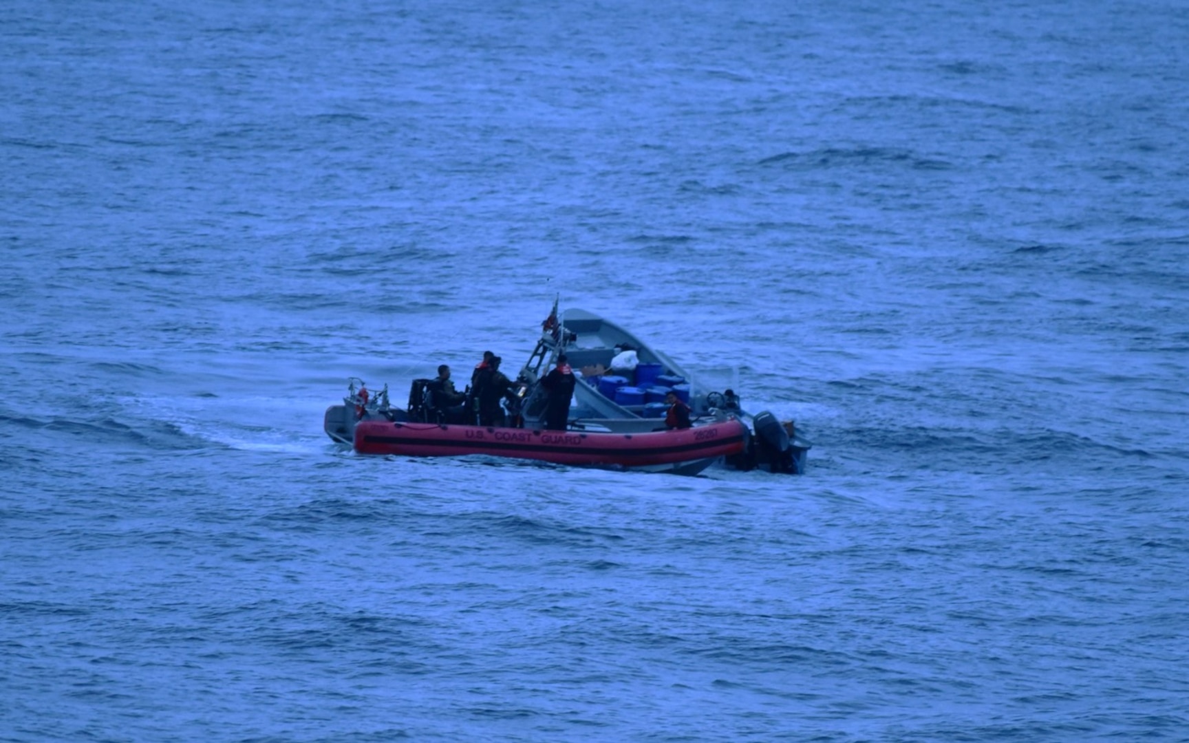 USCGC Active’s (WMEC 618) boarding team interdicts a suspected drug smuggling vessel while patrolling the Eastern Pacific Ocean, Nov. 28, 2025. The interdictions done by Active and its crew are in support of Operation Pacific Viper, a surge in forces to the Eastern Pacific to stop transnational criminal organizations and narco-terrorists. (U.S. Coast Guard courtesy photo.)