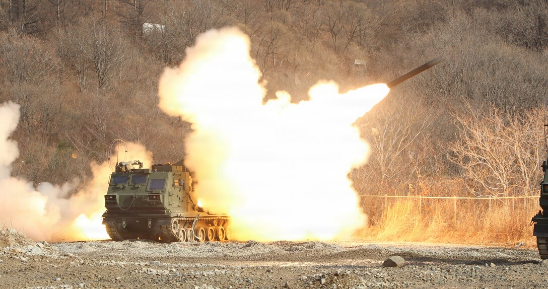 Charlie Battery 1-38 Field Artillery Regiment fires a rocket from the new M270A2 Multi Launch Rocket System, becoming the first unit to utilize the new equipment in a live fire setting on the Korean Peninsula at Rocket Valley, South Korea, Dec. 11, 2025.
