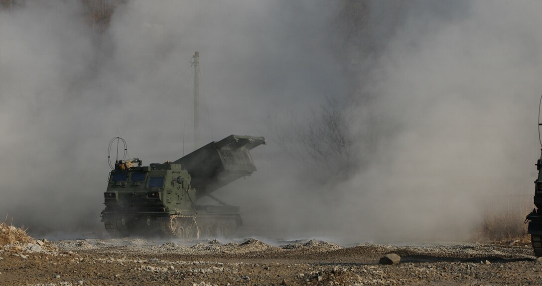 Charlie Battery 1-38 Field Artillery Regiment fires a rocket from the new M270A2 Multi Launch Rocket System, becoming the first unit to utilize the new equipment in a live fire setting on the Korean Peninsula at Rocket Valley, South Korea, Dec. 11, 2025.