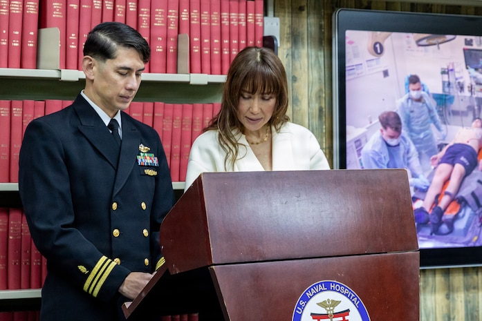YOKOSUKA, Japan (Dec. 18, 2025) – Lt. Cmdr. Jasen Koerner and Miki Arai, executive assistant for U.S. Navy Hospital Yokosuka (USNHY), speak to media at USNHY during the Joint Response Drill, Dec. 18, 2025. The drill, led by Commander, Submarine Group 7, simulates a medical emergency aboard the nuclear-powered aircraft carrier USS George Washington (CVN 73). Now in its 18th iteration, this U.S.-Japan Joint Response Drill demonstrates the integral coordination and cooperation between the U.S. Navy, Government of Japan, and City of Yokosuka that further supports the alliance between the two nations. (U.S. Navy photo by Mass Communication Specialist 2nd Class Daniel G. Providakes)