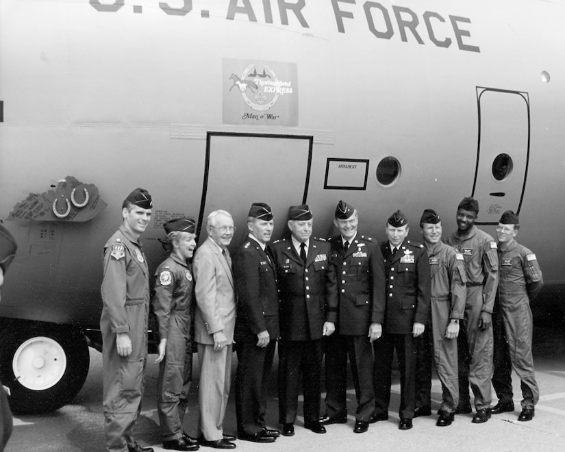 Man o’ War, a C-130 Hercules aircraft, first arrives at the Kentucky Air National Guard Base in Louisville, Ky., May 16, 1992, piloted by an aircrew from Kentucky’s 123rd Airlift Wing. Present for the arrival were, left to right, U.S. Air Force Lt. Col. David Moreman, pilot; U.S. Air Force 1st Lt. Kathleen Luken, co-pilot; U.S. Sen. Wendell Ford; U.S. Air Force Lt. Gen. John Conaway, chief of the National Guard Bureau; U.S. Army Maj. Gen. Robert DeZarn, adjutant general of the Kentucky National Guard; U.S. Air Force Brig. Gen. John Kuhn, assistant adjutant general for Air; U.S. Air Force Col. Stewart Byrne, commander of the 123rd Airlift Wing; U.S. Air Force Maj. Paul Rhodes, navigator; U.S. Air Force Staff Sgt. Joe Dawson, flight engineer; and U.S. Air Force Tech. Sgt. Jeff Bishop, loadmaster. (U.S. Air National Guard file photo)