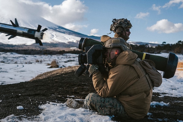 U.S. Marines with 1st Battalion, 3d Marines, 3d Marine Division fire a Javelin shoulder-fired anti-tank missile while conducting squad attacks during Fuji Viper 22.3 at Combined Arms Training Center, Camp Fuji, Japan, Feb. 17, 2022. During this exercise Marines sharpened critical combined arms skills, ensuring they are ready and capable to execute a wide range of missions anywhere in the world. 1/3 is forward-deployed in the Indo-Pacific under 4th Marines as a part of the Unit Deployment Program. (U.S. Marine Corps photo by Cpl. Juan Carpanzano)