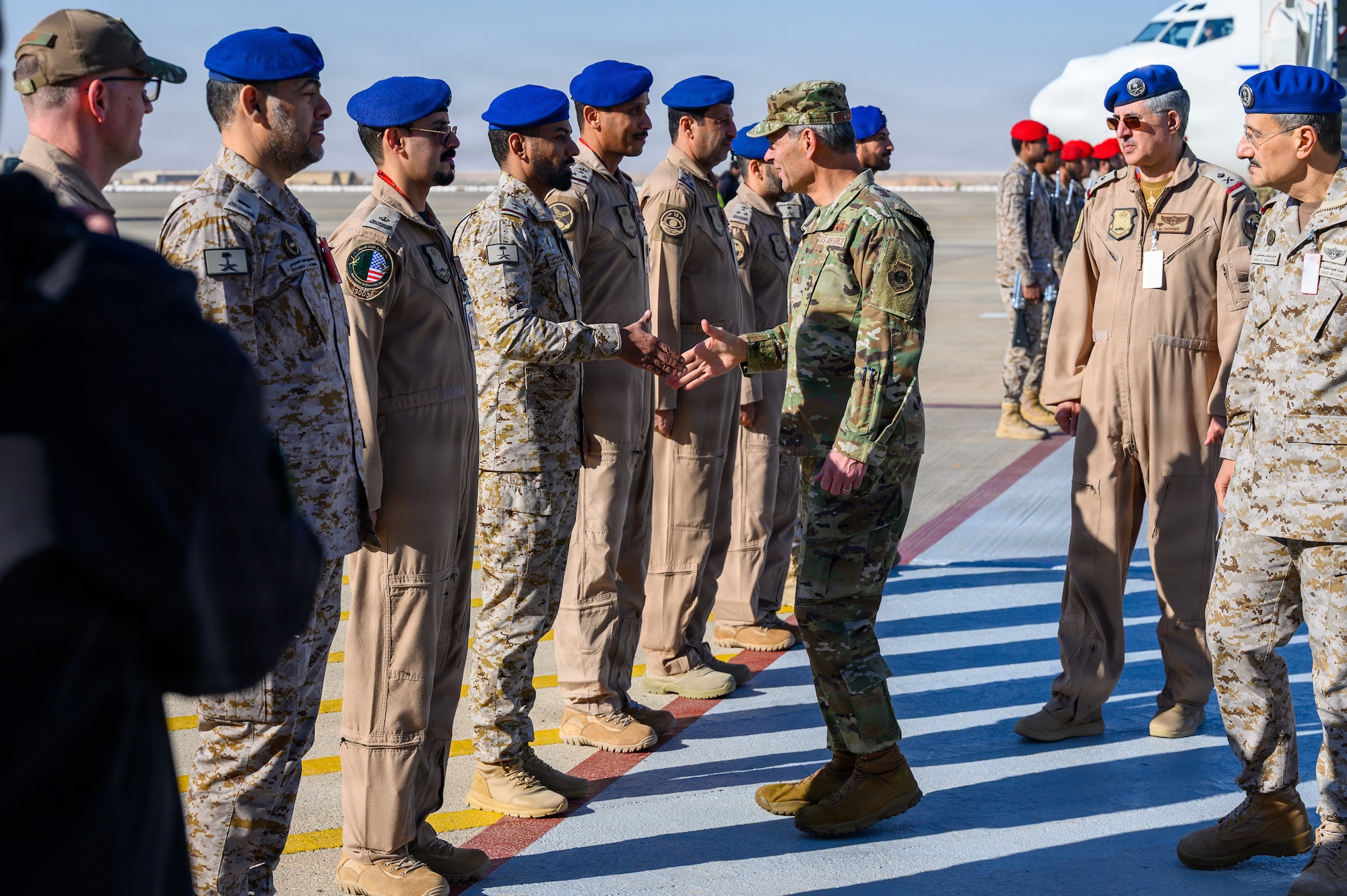 Air Force Chief of Staff Gen. Ken Wilsbach greets members of the Royal Saudi Air Force, in the U.S. Central Command area of responsibility, Dec. 20, 2025.