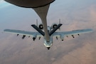 A U.S. Air Force A-10C Thunderbolt II aircraft assigned to the 75th Fighter Squadron receives fuel from a KC-135 Stratotanker aircraft assigned to the 74th Expeditionary Air Refueling Squadron over an undisclosed location within the U.S. Central Command area of responsibility, Nov. 29, 2025. The A-10 conducts operations across the AOR to provide close air support and combat airpower as necessary. (U.S. Air Force photo by Airman 1st Class Travis Knauss)