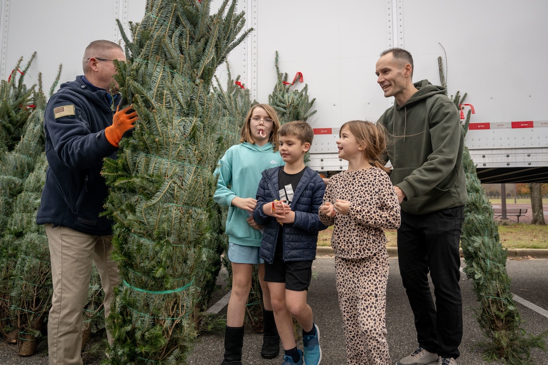 A volunteer hands a Christmas tree to a family.