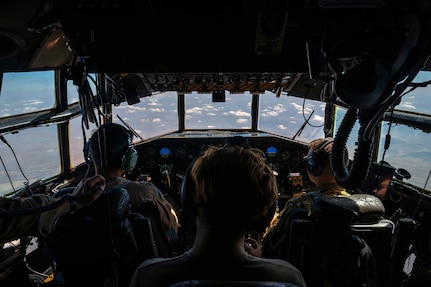An aircrew with the 103rd Airlift Wing, Connecticut Air National Guard, flies a C-130 Hercules aircraft in support of Combined Joint Task Force Horn of Africa.
