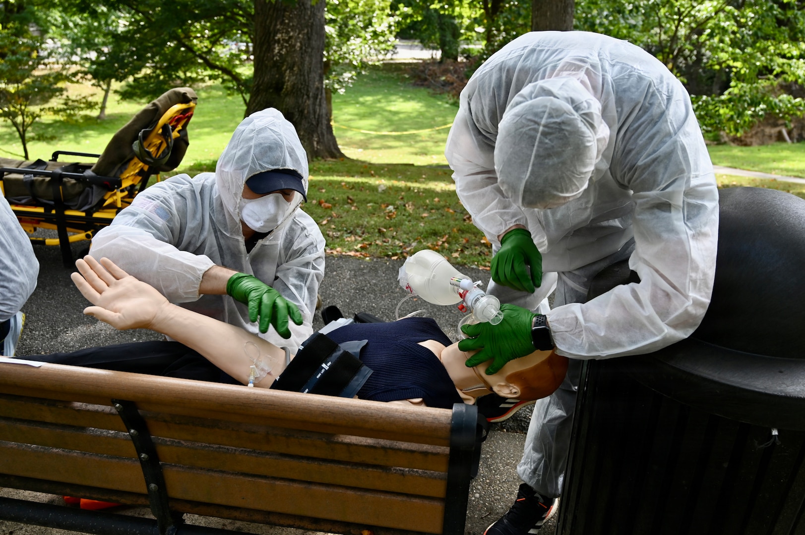 Members of the D.C. National Guard's 33rd Weapons of Mass Destruction Civil Support Team (WMD-CST) join MedStar Health SiTEL clinicians, physicians, and medical students for an advanced emergency simulation in Northwest Washington, D.C., Aug. 28, 2025. The joint exercise tested rapid medical response in contaminated and high-risk environments, strengthening interagency readiness and ensuring both partners are better prepared to protect the community.
