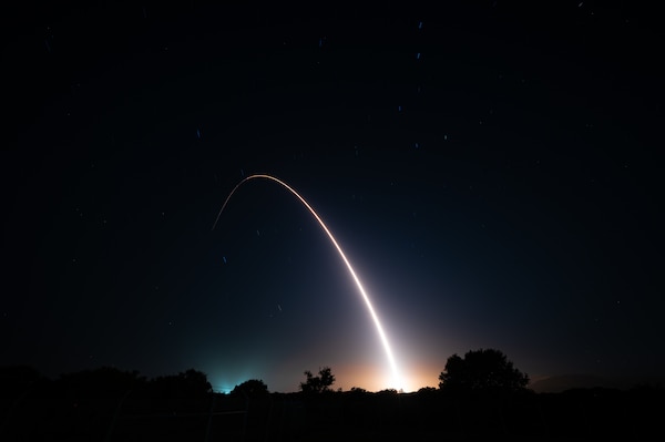 An unarmed Minuteman III Intercontinental Ballistic Missile launches during an operational test at 12:01 Pacific Time May 21, 2025, at Vandenberg Space Force Base, Calif. ICBM test launches demonstrate that the U.S. ICBM fleet is ready, reliable and effective in leveraging dominance in an era of strategic competition. (U.S. Air Force photo by Tech. Sgt. Elora J. McCutcheon)