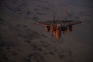 A U.S. Air Force F-15E Strike Eagle aircraft assigned to the 391st Expeditionary Fighter Squadron backs out after refueling over the U.S. Central Command area of responsibility, Oct. 29, 2025. Aerial refueling allows aircraft to extend their combat range and loiter time, allowing them to remain airborne for longer periods and remain effective throughout the CENTCOM AOR. (U.S. Air Force photo by Tech. Sgt. Nicholas Monteleone)