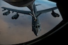 A U.S. Air Force B-52 Stratofortress aircraft assigned to the 96th Expeditionary Bomb Squadron refuels during a Bomber Task Force mission in the U.S. Central Command area of responsibility, Nov. 17, 2025. This BTF showcased the U.S. Air Force’s ability to rapidly deploy strategic assets from U.S. bases to Europe and beyond, demonstrating global reach. (U.S. Air Force photo by Tech. Sgt. Nicholas A. Monteleone)