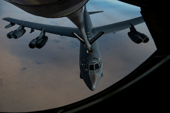 A U.S. Air Force B-52 Stratofortress aircraft assigned to the 96th Expeditionary Bomb Squadron refuels during a Bomber Task Force mission in the U.S. Central Command area of responsibility, Nov. 17, 2025. This BTF showcased the U.S. Air Force’s ability to rapidly deploy strategic assets from U.S. bases to Europe and beyond, demonstrating global reach. (U.S. Air Force photo by Tech. Sgt. Nicholas A. Monteleone)