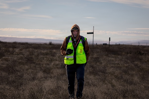 Military Munitions Response Program Manager Jason Blair conducts fieldwork at the former Umatilla Chemical Depot in Hermiston, Oregon, Nov. 18, 2025. The team conducted visual inspections of the buffer area, looking for signs of munitions. The area must pass inspection and be declared safe before it can be handed over to the Oregon National Guard’s Rees Training Center for use as training grounds. (U.S. Army photo by Makenzie Leonard)