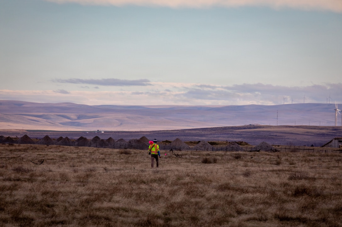 Military Munitions Response Program field assistant Rogan Maxwell conducts fieldwork at the former Umatilla Chemical Depot in Hermiston, Oregon, Nov. 18, 2025. The team conducted visual inspections of the buffer area while looking for signs of munitions. The area must pass inspection and be declared safe before it can be handed over to the Oregon National Guard’s Rees Training Center for use as training grounds. (U.S. Army photo by Makenzie Leonard)