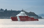 CGC Storis (WAGB-21) transits past West Seattle on its way to its temporary homeport at Coast Guard Base Seattle, Oct. 3, 2025. Storis was commissioned in Juneau, Alaska, Aug. 10, and the cutter is the Coast Guard’s first polar icebreaker acquired in over 25 years. (U.S. Coast Guard photo by Petty Officer 3rd Class Daylan M. Garlic-Jackson)