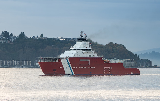 CGC Storis (WAGB-21) transits past West Seattle on its way to its temporary homeport at Coast Guard Base Seattle, Oct. 3, 2025. Storis was commissioned in Juneau, Alaska, Aug. 10, and the cutter is the Coast Guard’s first polar icebreaker acquired in over 25 years. (U.S. Coast Guard photo by Petty Officer 3rd Class Daylan M. Garlic-Jackson)