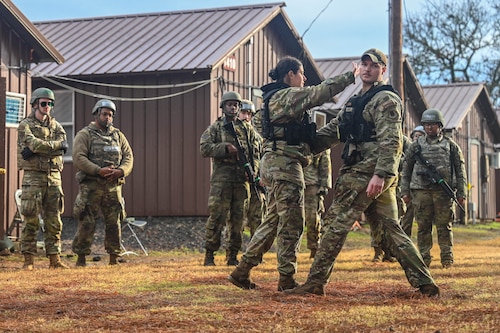 An instructor gives an overview of firearms retention as other service members look on during a training course.