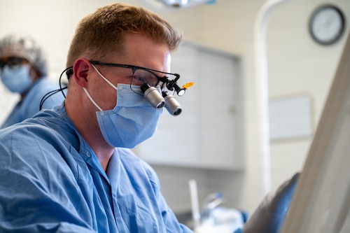 U.S. Air Force Capt. Thomas Hardison, comprehensive dentist, Maxwell Medical Group, reviews a 3D impression of a patient’s teeth at Maxwell Air Force Base, Alabama, Oct. 9, 2025. The impression will be used to design and create a dental restoration for the patient. (U.S. Air Force photo by Senior Airman Evan Porter)