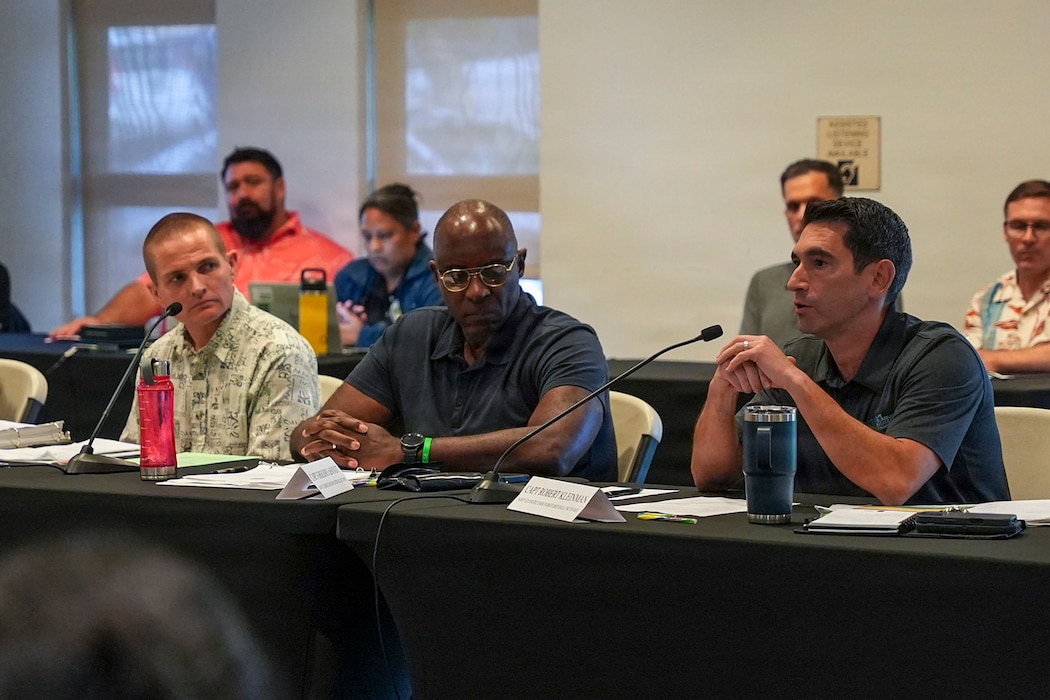 Capt. Robert Kleinman, right, decommissioning director, NCTF-RH, provides the public with a progress update on the decommissioning of the Red Hill Bulk Fuel Storage Facility (RHBFSF) at the Community Representation Initiative (CRI) meeting in Honolulu, Dec. 16, 2025. At the meeting, NCTF-RH leadership also shared information on the Navy’s ongoing environmental efforts with members of the CRI, the community, and representatives from the Environmental Protection Agency and the Hawaii Department of Health. NCTF-RH was established by the Department of the Navy to safely decommission the RHBFSF and emphasize the Navy's commitment to the community and the environment. NCTF-RH continues to engage with the people of Hawaii, regulatory agencies, and other stakeholders as it safely and deliberately decommissions the facility. (U.S. Navy photo by Mass Communication Specialist 3rd Class Krystal Diaz)
